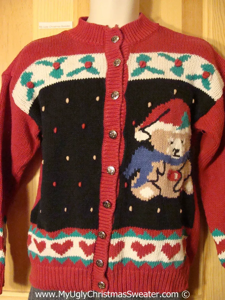 Tacky Christmas Sweater with Huge Santa Bear and Ivy and Hearts (f1200)