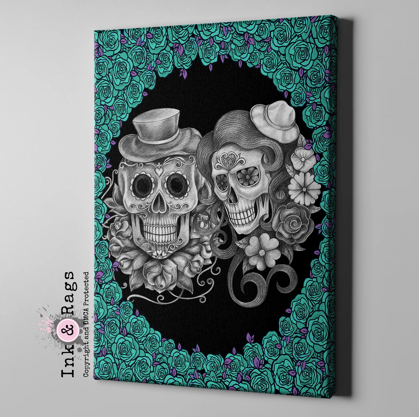 Teal and Purple Sketch Sugar Skull Couple Gallery Wrapped Canvas