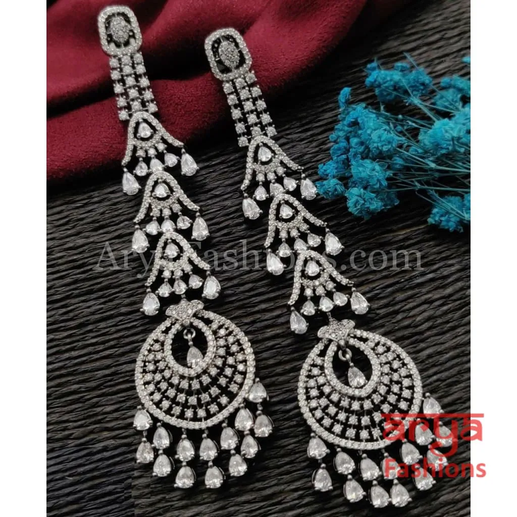 Victorian Silver CZ Long Designer Cocktail Earrings