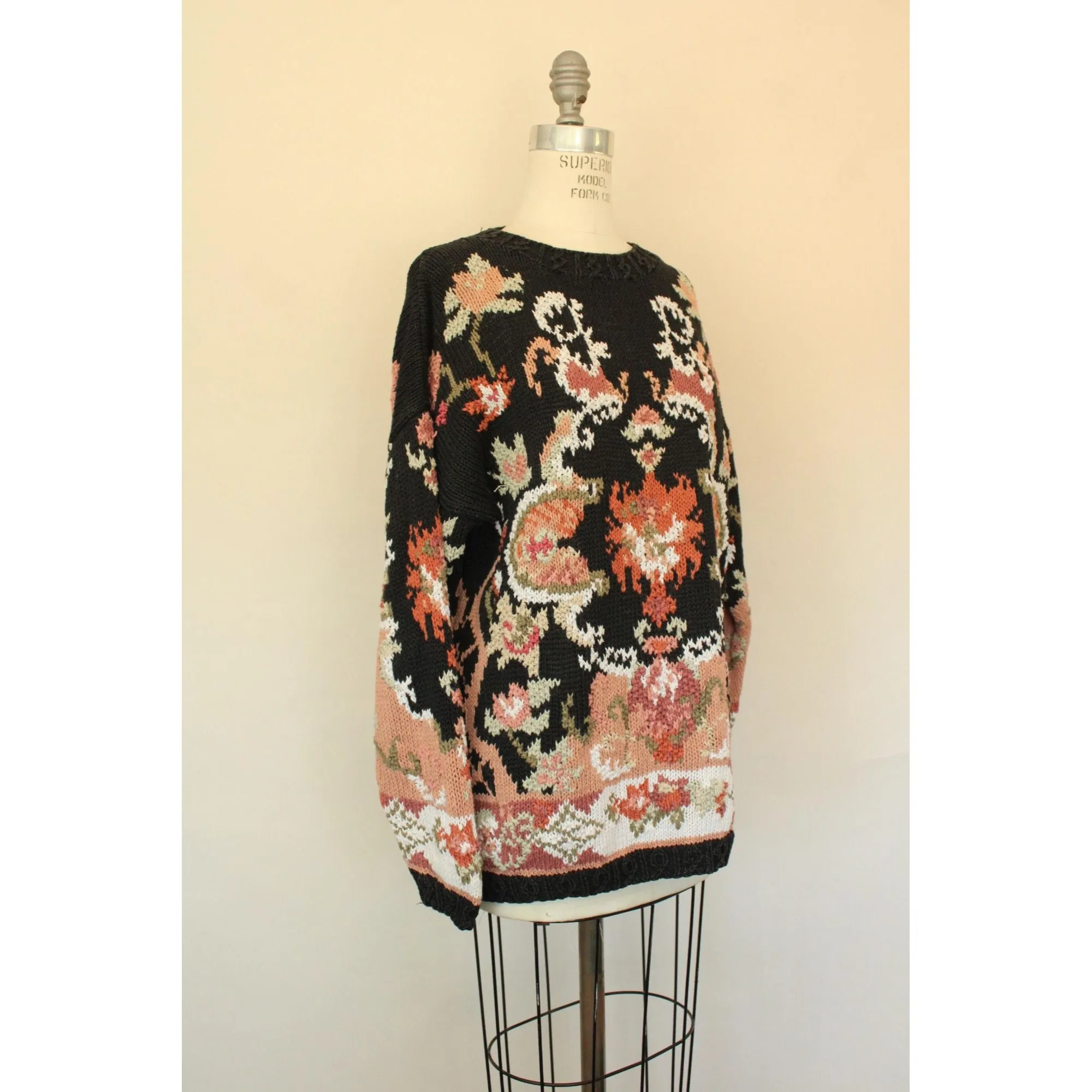 Vintage 1990s Crystal-Kobe Black Knit Floral Pattern Sweater