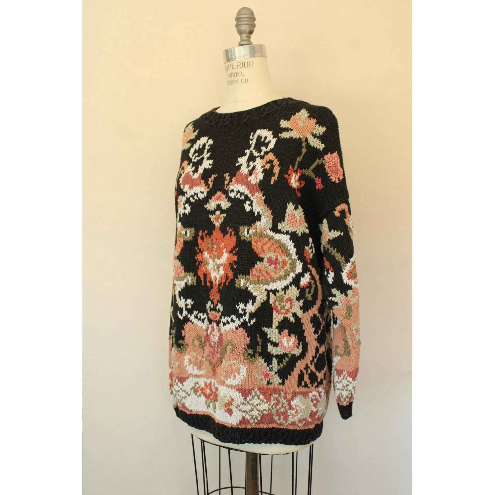 Vintage 1990s Crystal-Kobe Black Knit Floral Pattern Sweater