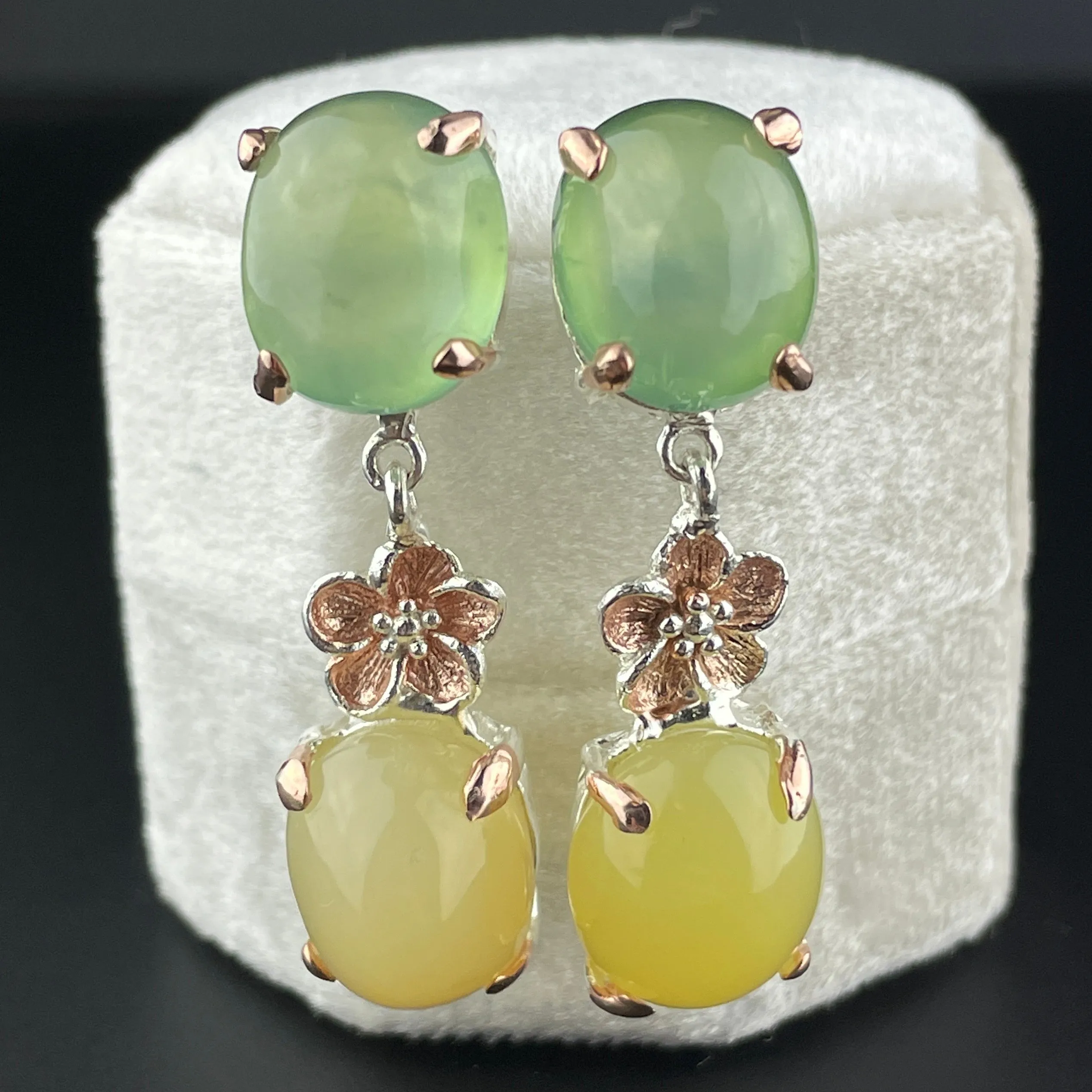 Vintage Silver Green Yellow Chalcedony Earrings