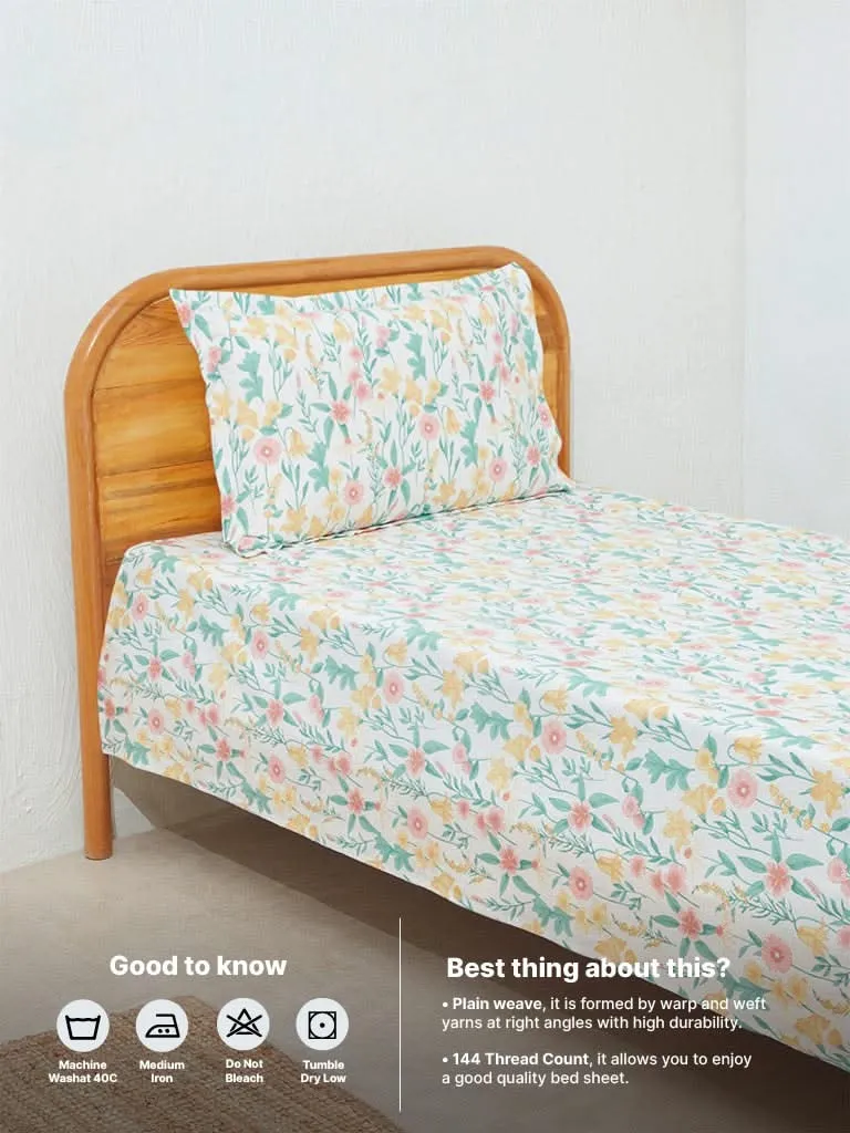 Westside Home Multicolor Floral Print Single Bed Flat Sheet and Pillowcase Set