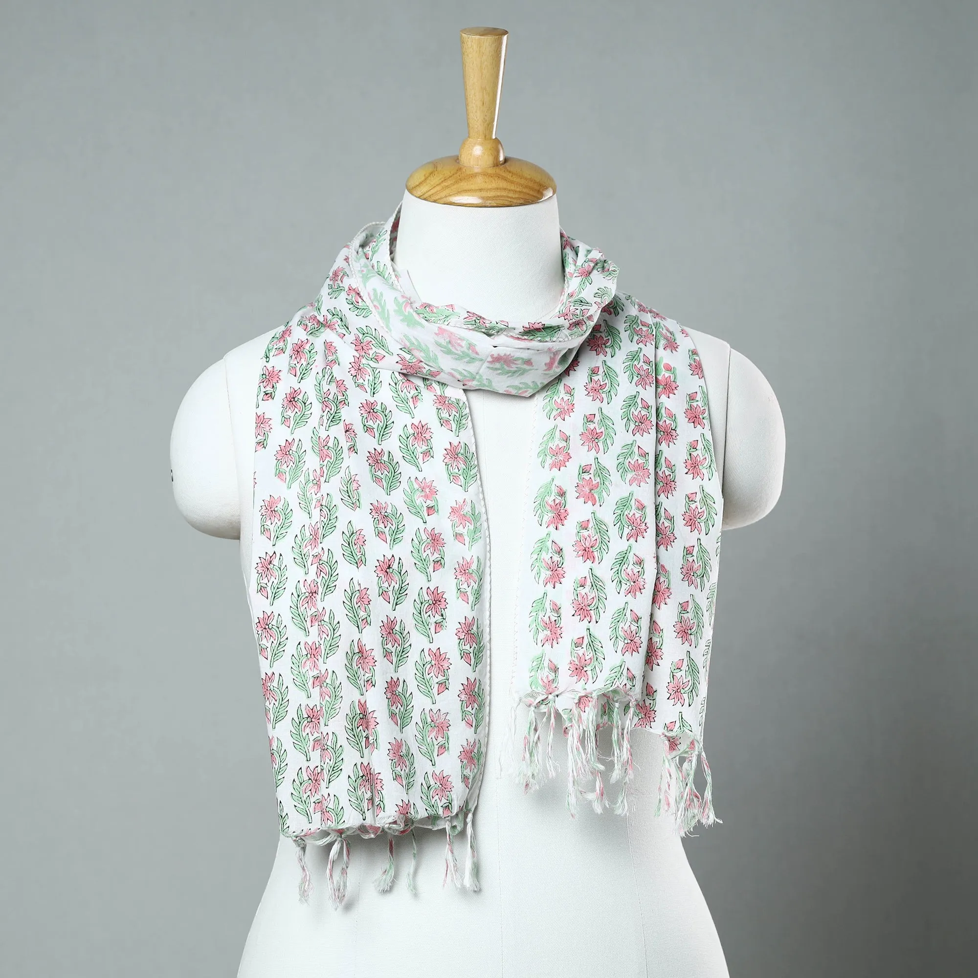 White - Sanganeri Block Printed Cotton Stole with Tassels 15