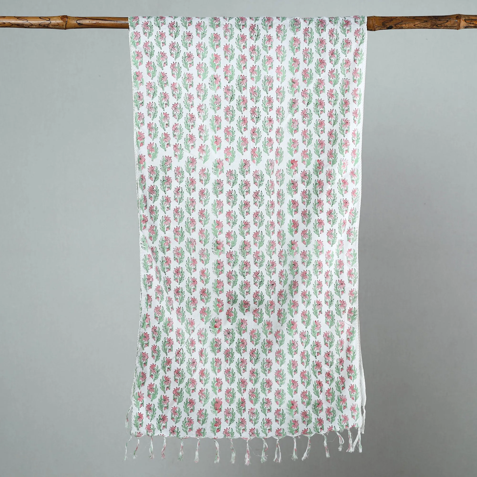 White - Sanganeri Block Printed Cotton Stole with Tassels 15