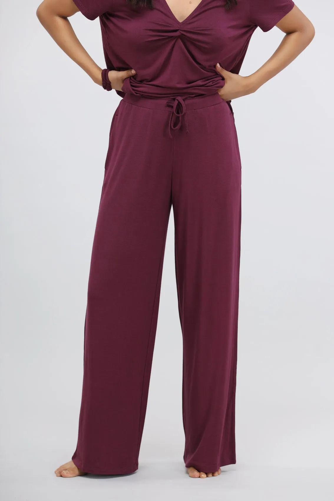 Wine Flared Modal Lounge Set with Knot Top