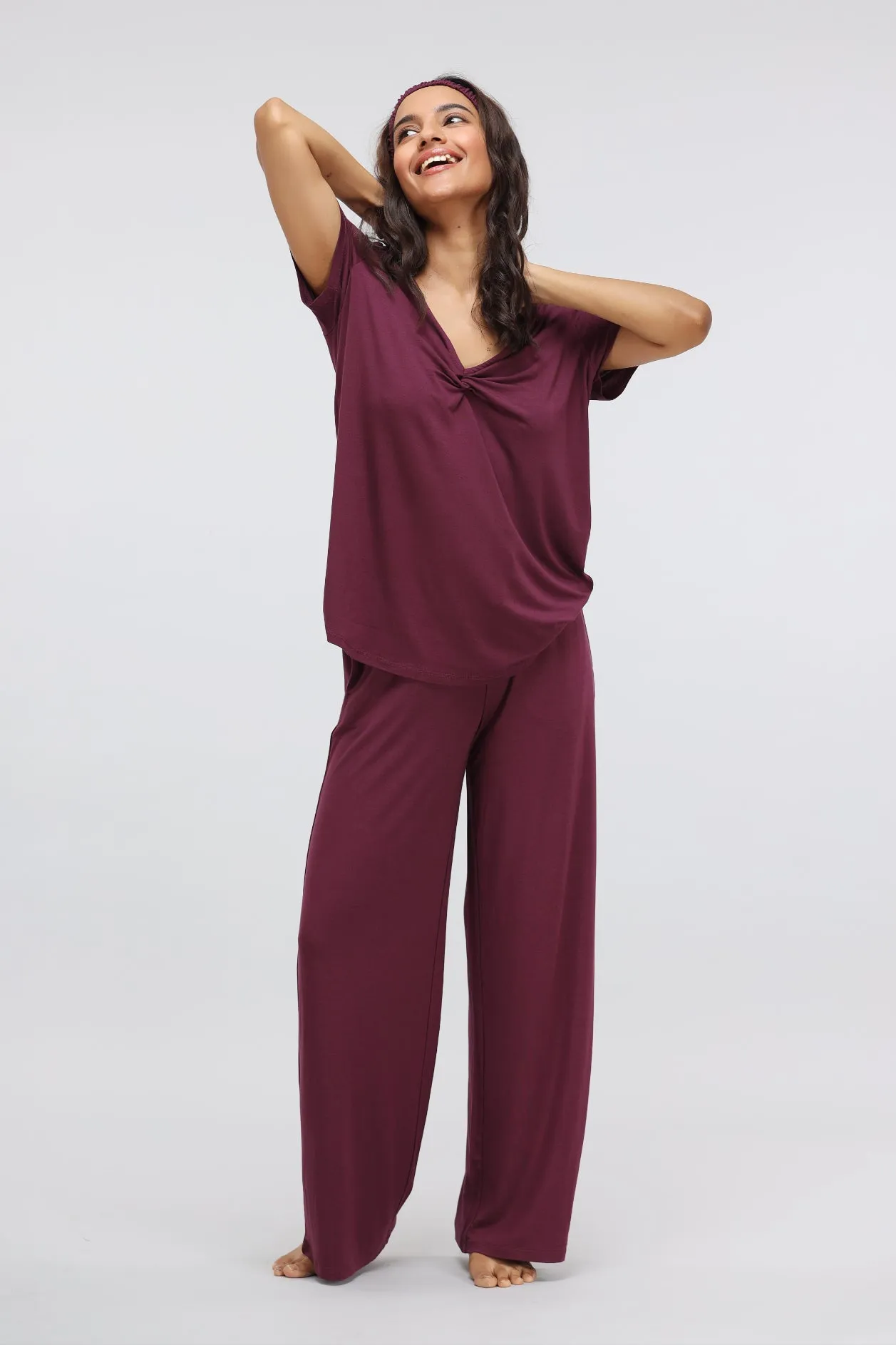 Wine Flared Modal Lounge Set with Knot Top