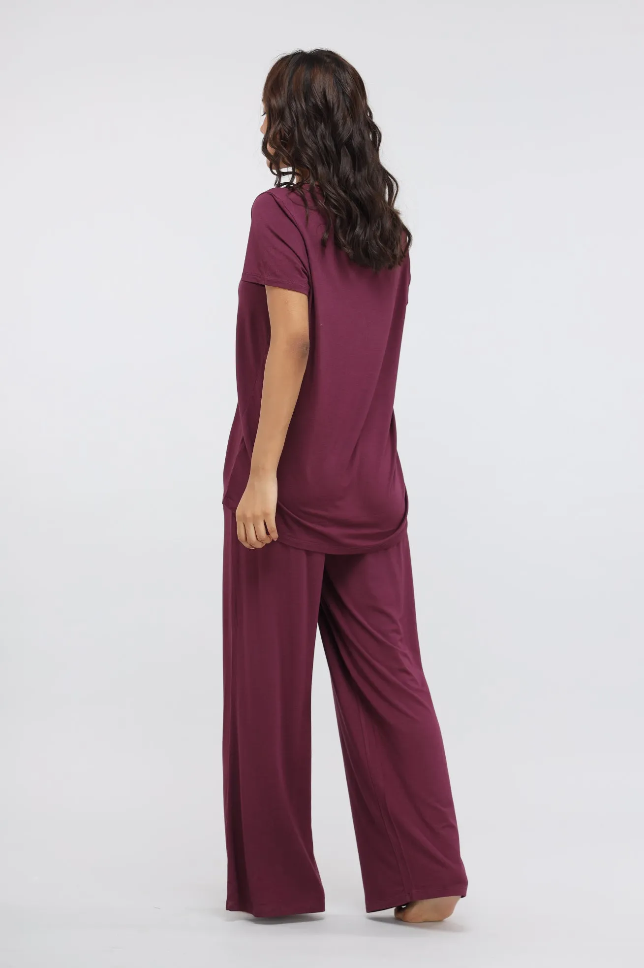 Wine Flared Modal Lounge Set with Knot Top