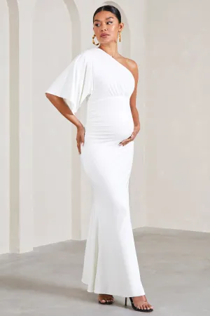 Wisdom | White Ruched Asymmetric One-Shoulder Maternity Maxi Dress