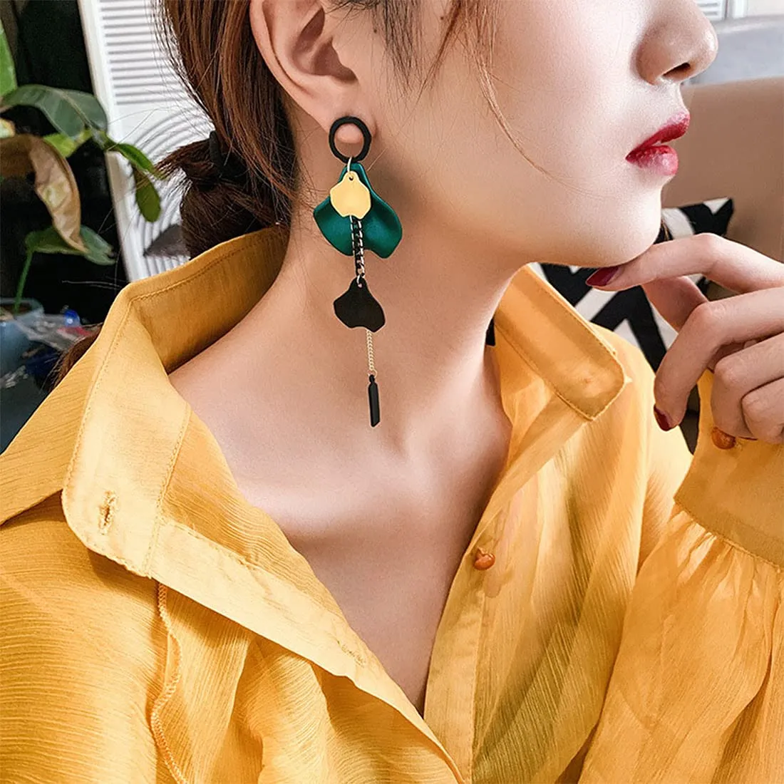 Yellow Chimes Elegant Latest Fashion Gold Plated Green Colour Single Flower Petal Design Multicolor Dangler Earrings for Women and Girls, Medium (YCFJER-SNGPTL-GR)